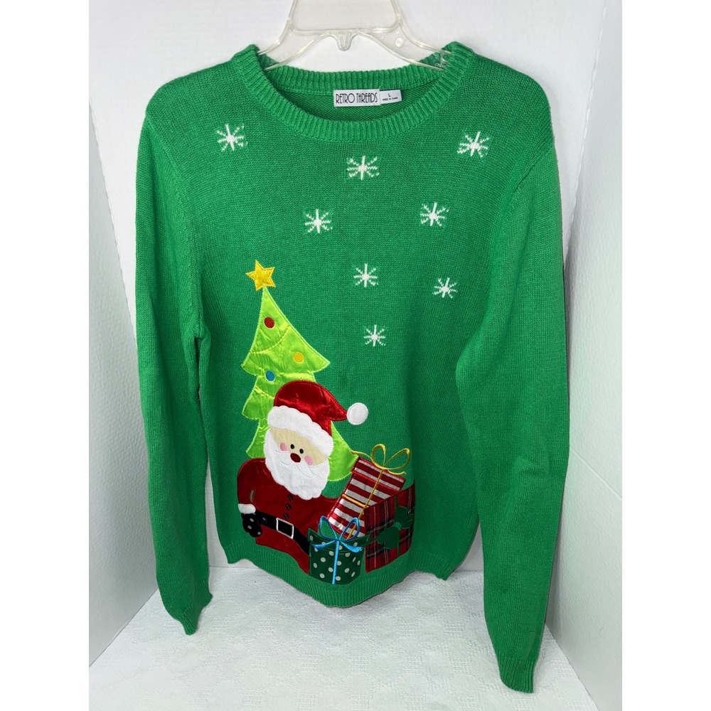 Retro Threads Mens Green Santa Christmas Tree Ugly Holiday Sweater Large